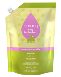 Puracy sells its lavender and vanilla baby bubble bath in a refillable pouch adorned with playful duck illustrations.
