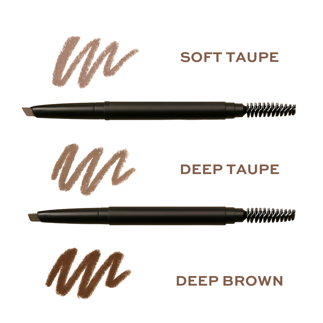 Displays eyebrow pencils with corresponding stroke swatches in soft taupe, deep taupe, and deep brown shades.
