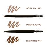 Displays eyebrow pencils with corresponding stroke swatches in soft taupe, deep taupe, and deep brown shades.
