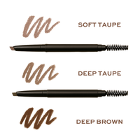 Displays eyebrow pencils with corresponding stroke swatches in soft taupe, deep taupe, and deep brown shades.
