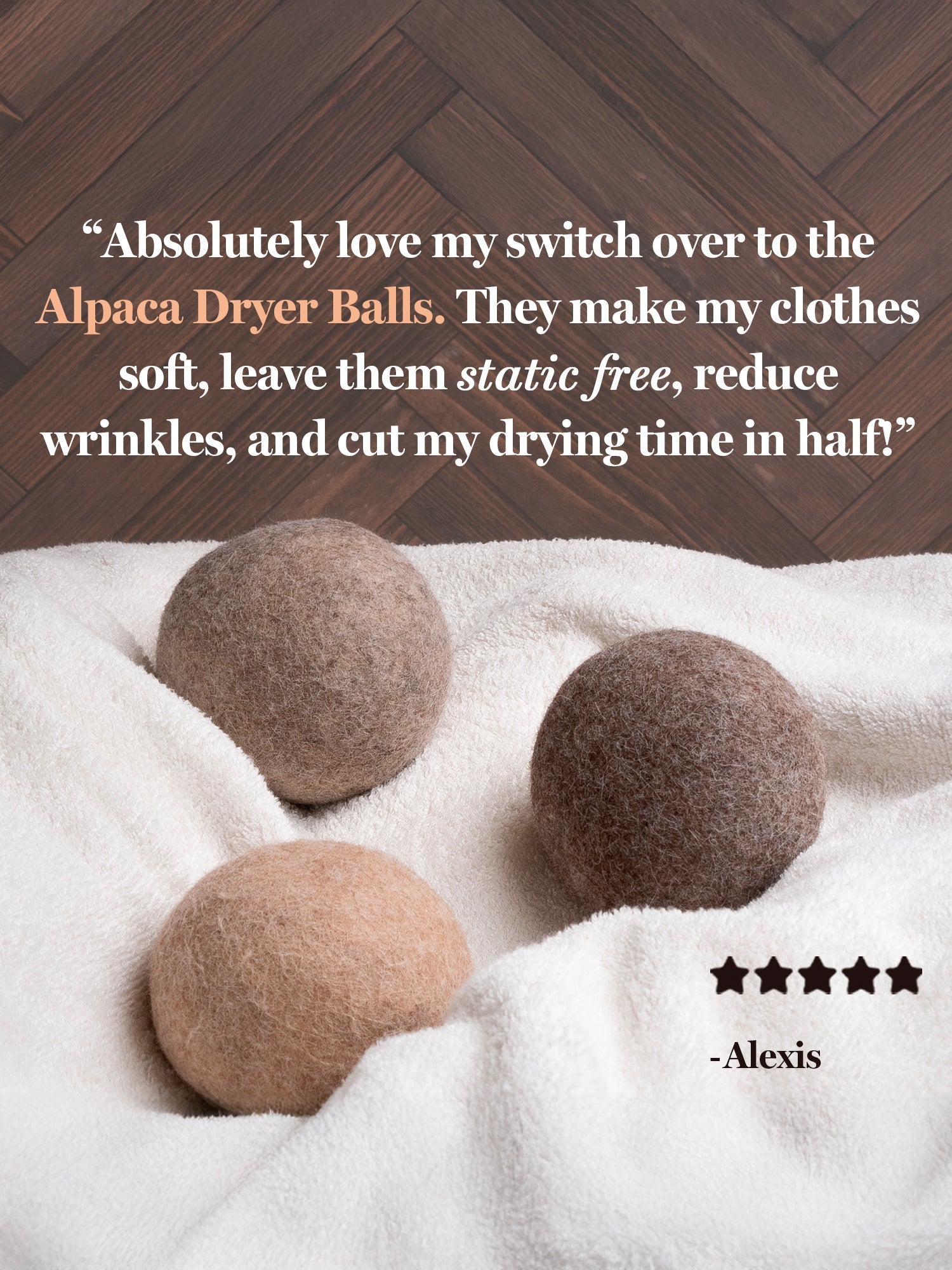 Three alpaca wool dryer balls rest on a soft white towel, promising to reduce wrinkles and static in your laundry.
