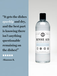 Bottle of Rustic Strength rinse aid promises sparkly, dry, and safe dishes using organic, hypoallergenic ingredients.
