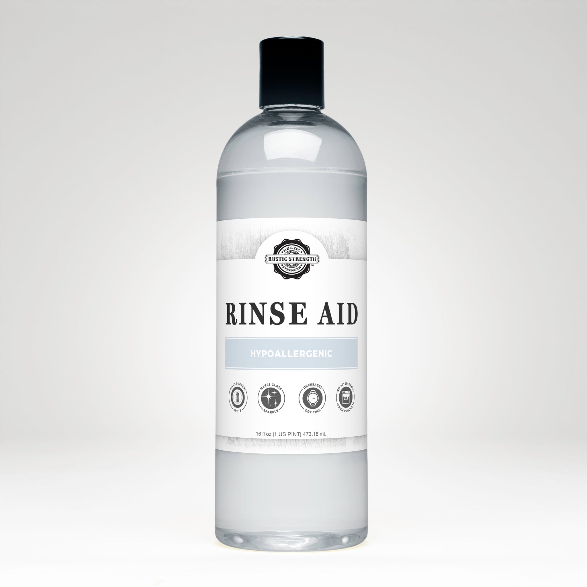 Bottle displays Rustic Strength Hypoallergenic Rinse Aid for sparkling, spot-free dishwashing.