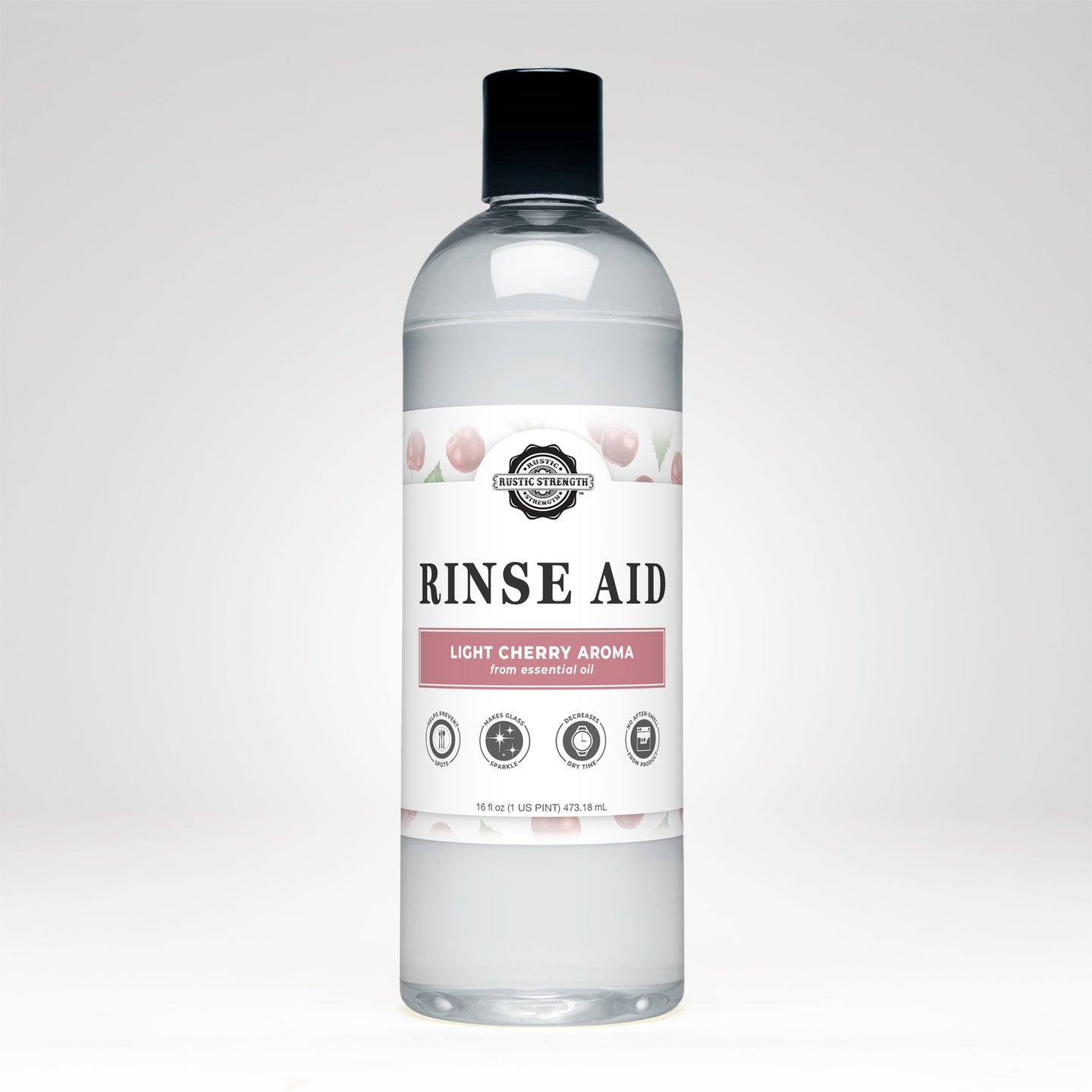 Rustic Strength Rinse Aid bottle showcases light cherry aroma, promising sparkling clean dishes without spots.
