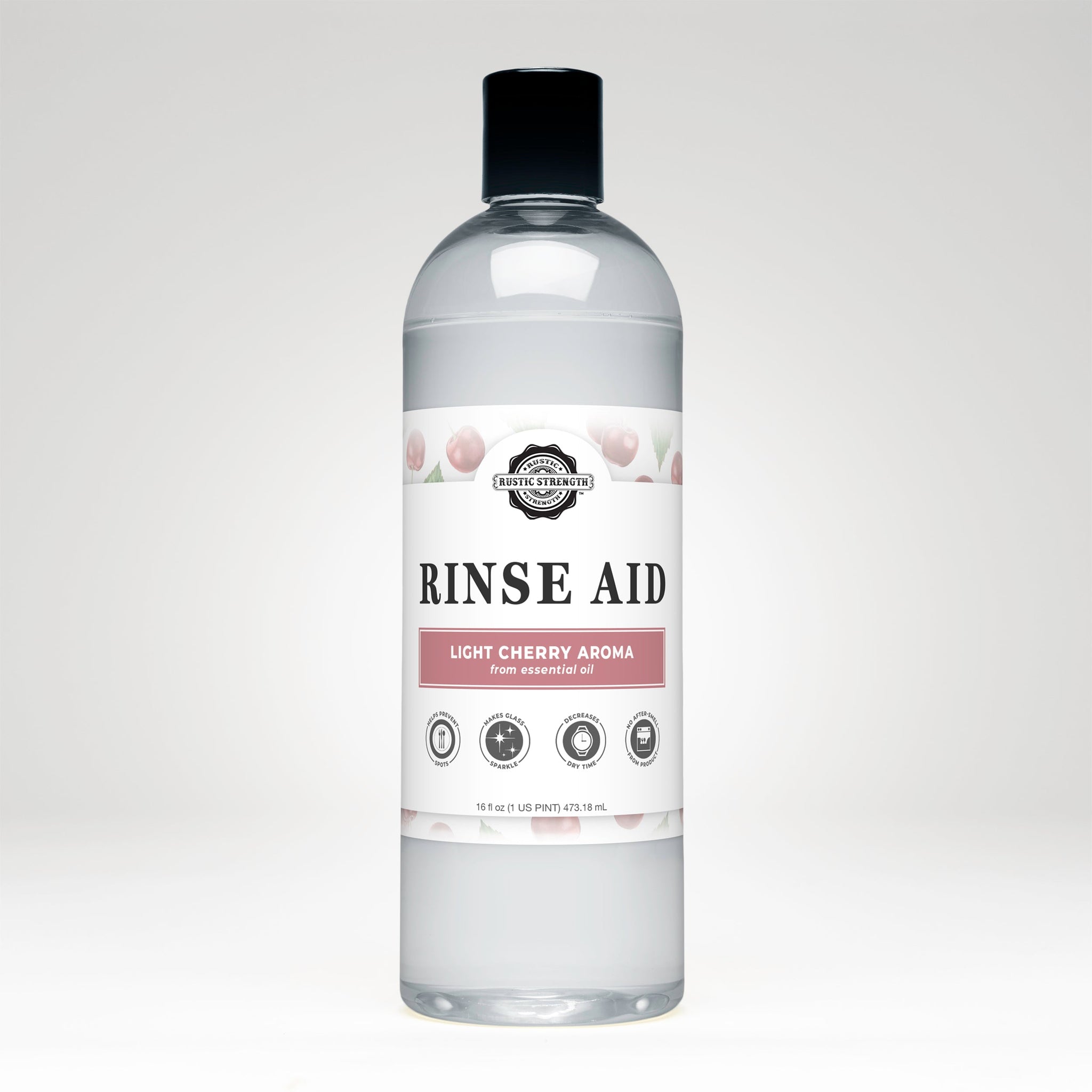 Rustic Strength Rinse Aid bottle showcases light cherry aroma, promising sparkling clean dishes without spots.
