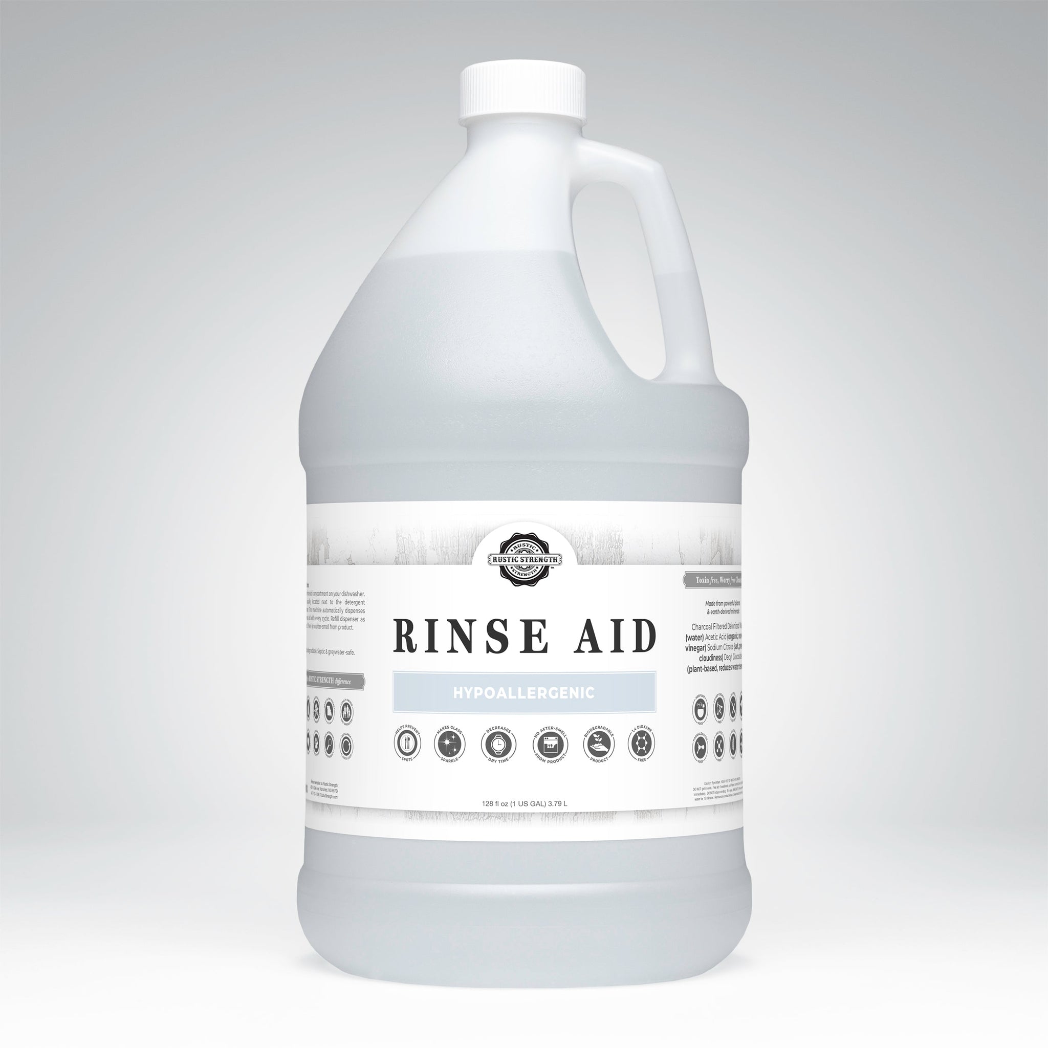 Rustic Strength Rinse Aid in a gallon jug promises hypoallergenic, spot-free, sparkling dishes, and eco-friendly biodegradability.
