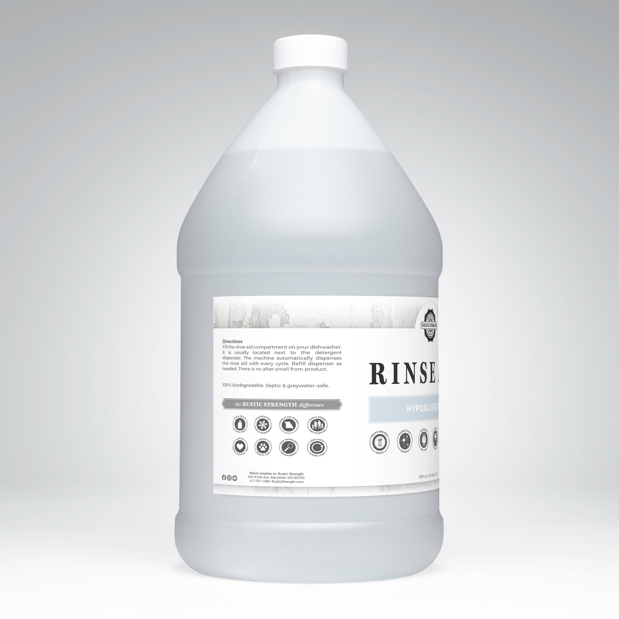 Rustic Strength presents a bottle of their eco-friendly, hypoallergenic Rinse Aid for sparkling, spot-free dishes.
