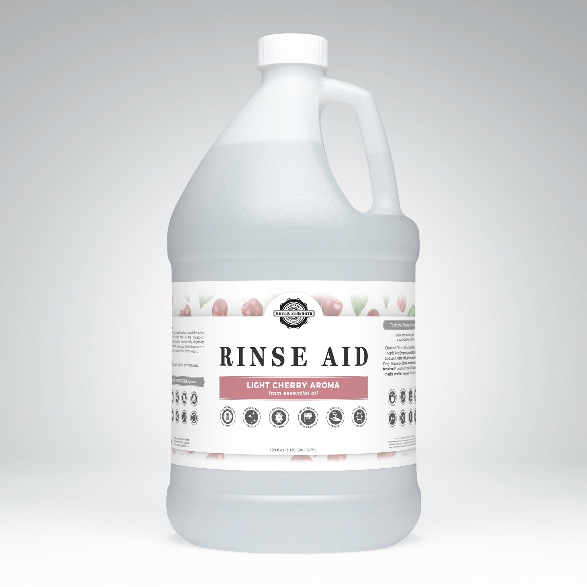 A gallon jug displays Rustic Strength Rinse Aid, highlighting its light cherry aroma and essential oil formula.
