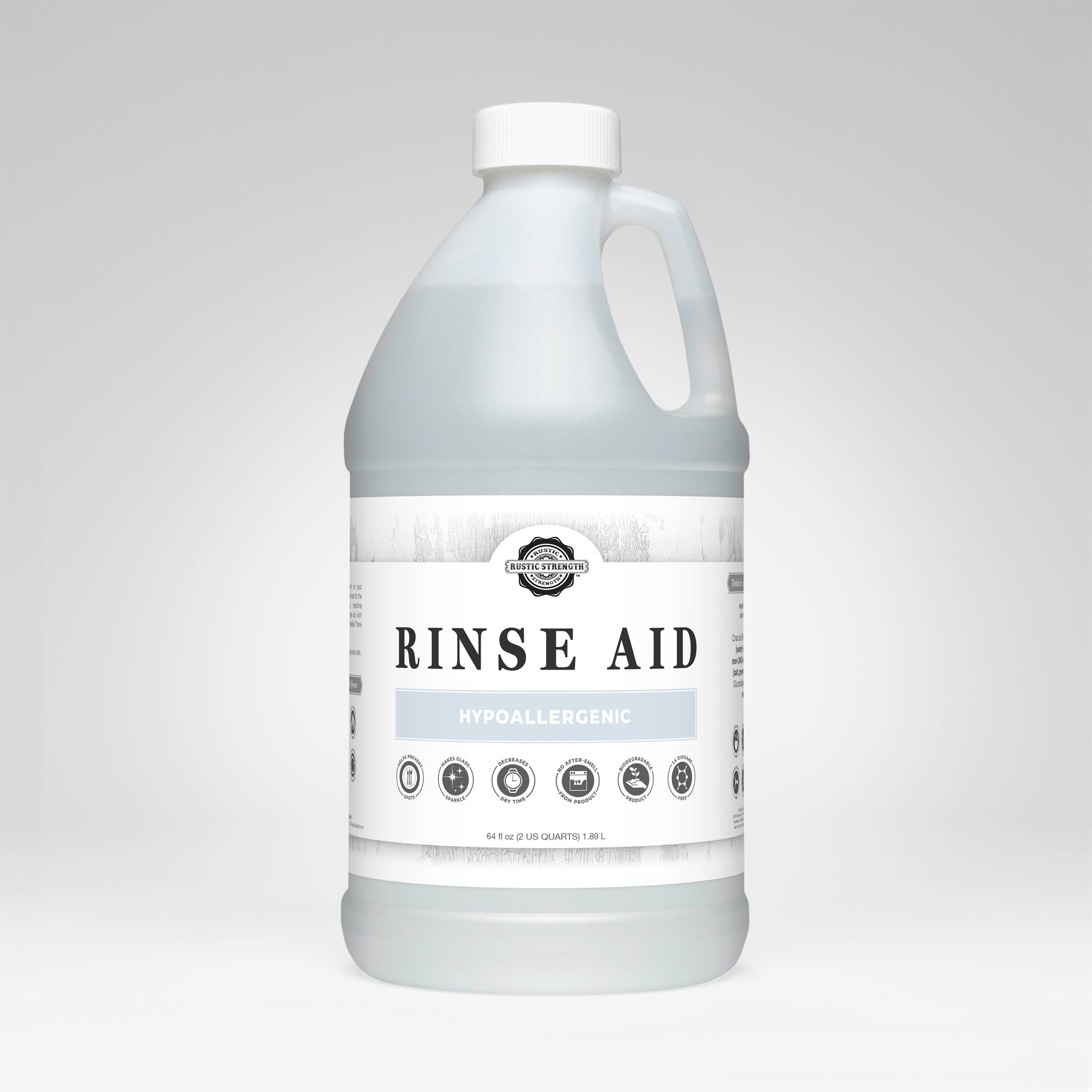 A bottle of Rustic Strength Rinse Aid displays its hypoallergenic and biodegradable formula, promising spotless, sparkling dishes with a short dry time.
