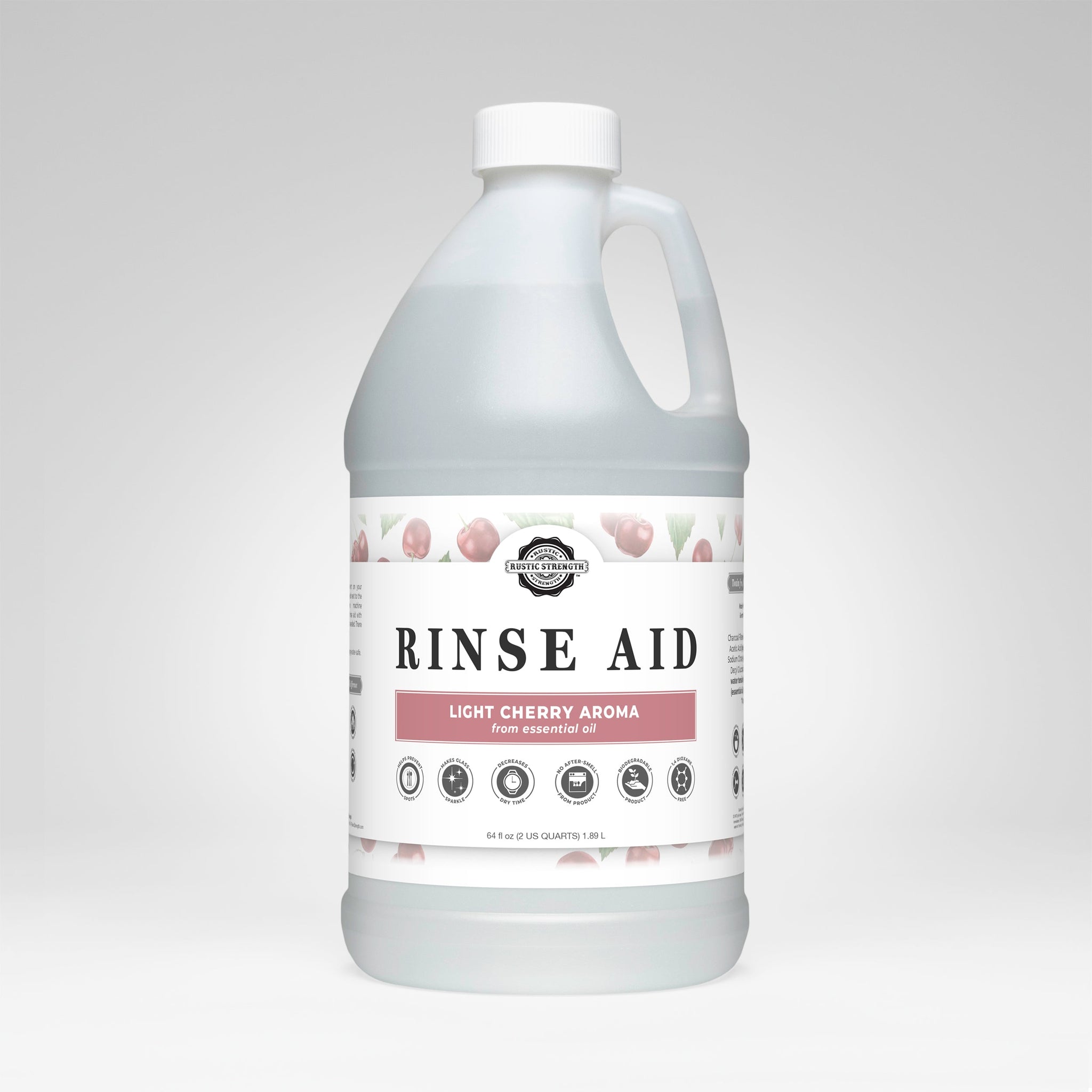 Rustic Strength rinse aid in a jug promises light cherry aroma from essential oils.