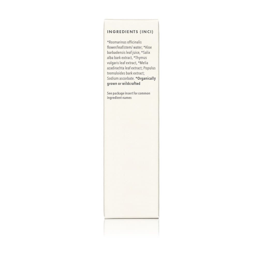 A product package lists organic and wildcrafted ingredients, including rosemary, aloe vera, and willow bark.
