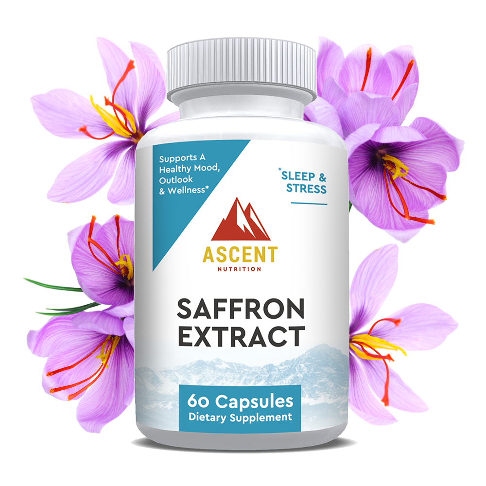 Ascent Nutrition promotes their saffron extract supplement, designed to support sleep, reduce stress, and promote a healthy mood and wellness, surrounded by saffron flowers.
