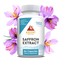 Ascent Nutrition promotes their saffron extract supplement, designed to support sleep, reduce stress, and promote a healthy mood and wellness, surrounded by saffron flowers.
