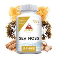 Ascent Nutrition promotes its Sea Moss dietary supplement capsules with sea moss and burdock root ingredients displayed around the bottle.
