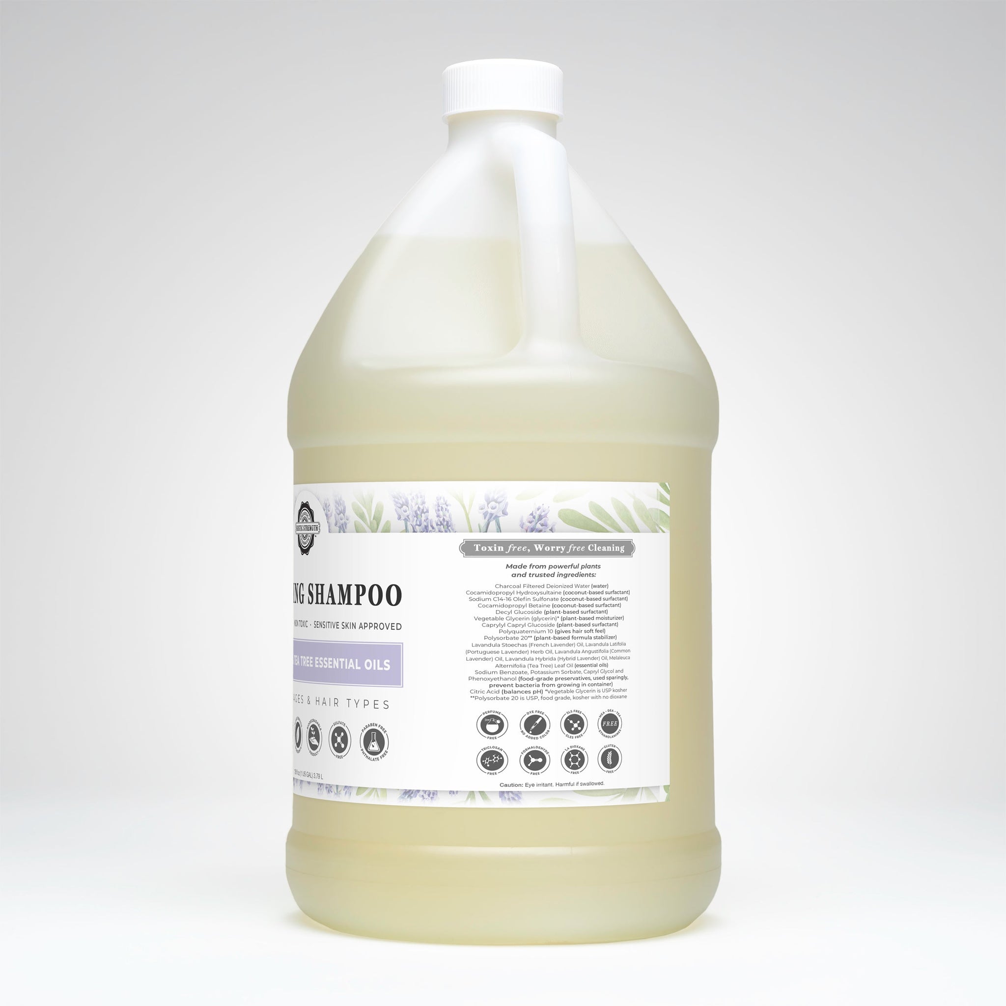 A large jug of Rustic Strength non-toxic tea tree shampoo promotes worry-free cleaning for sensitive skin and all hair types.
