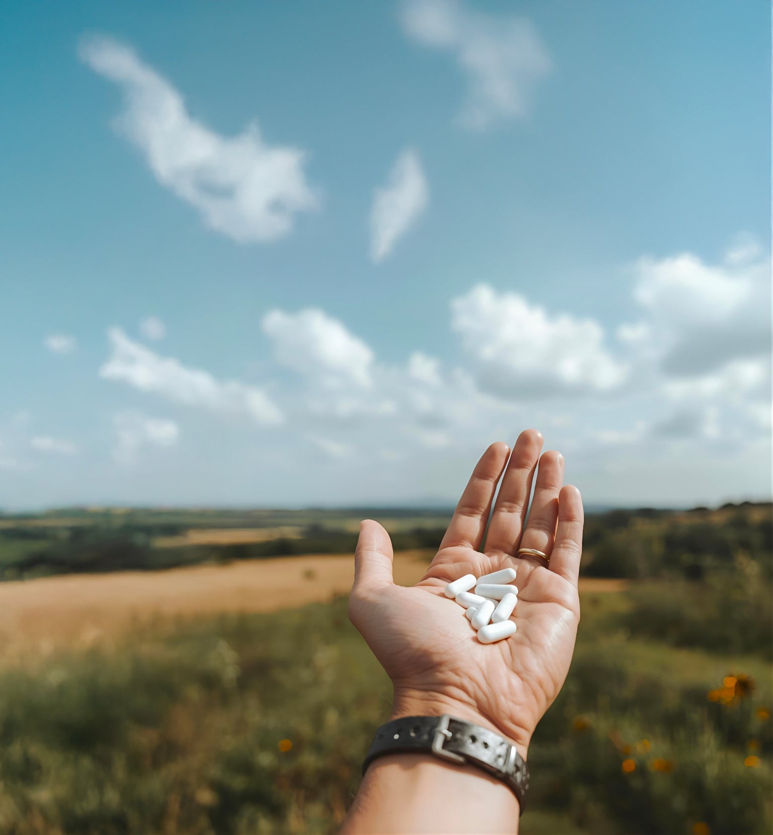 Hand holding white pills with a scenic background of fields and sky