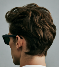 Man showcases his styled, short, dark brown curly hair, wearing sunglasses.
