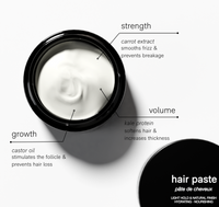 An open jar of hair paste highlights its nourishing ingredients, including castor oil for growth, carrot extract for strength, and kale protein for volume.
