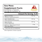 Ascent Nutrition showcases the Sea Moss Supplement Facts panel, detailing organic Irish moss, bladderwrack, burdock, and black pepper extract ingredients.
