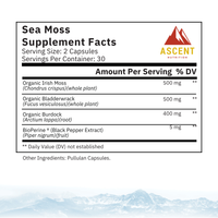 Ascent Nutrition showcases the Sea Moss Supplement Facts panel, detailing organic Irish moss, bladderwrack, burdock, and black pepper extract ingredients.
