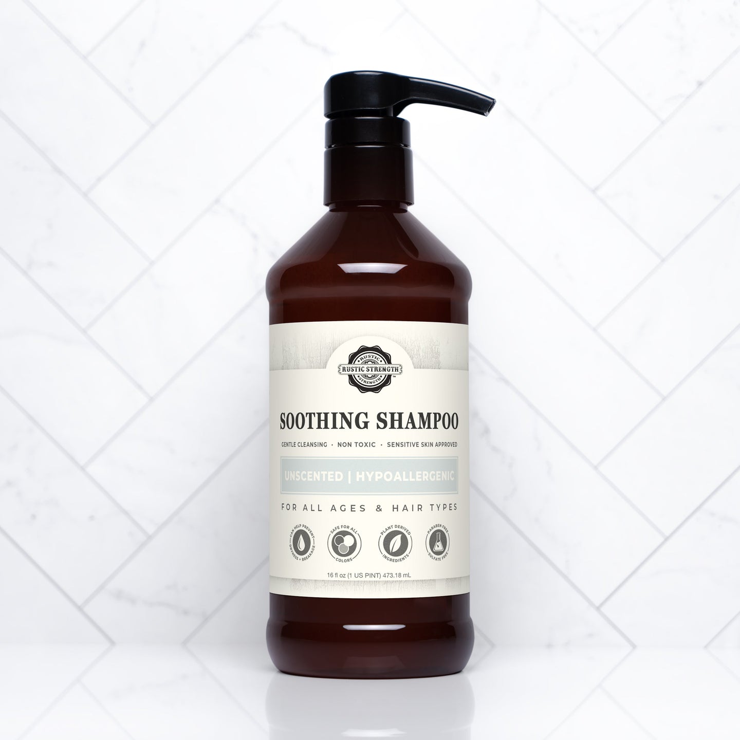 Examine Rustic Strength's unscented, hypoallergenic soothing shampoo bottle with a pump, suitable for all ages and hair types.