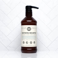 Examine Rustic Strength's unscented, hypoallergenic soothing shampoo bottle with a pump, suitable for all ages and hair types.