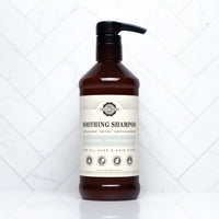 Examine Rustic Strength's unscented, hypoallergenic soothing shampoo bottle with a pump, suitable for all ages and hair types.