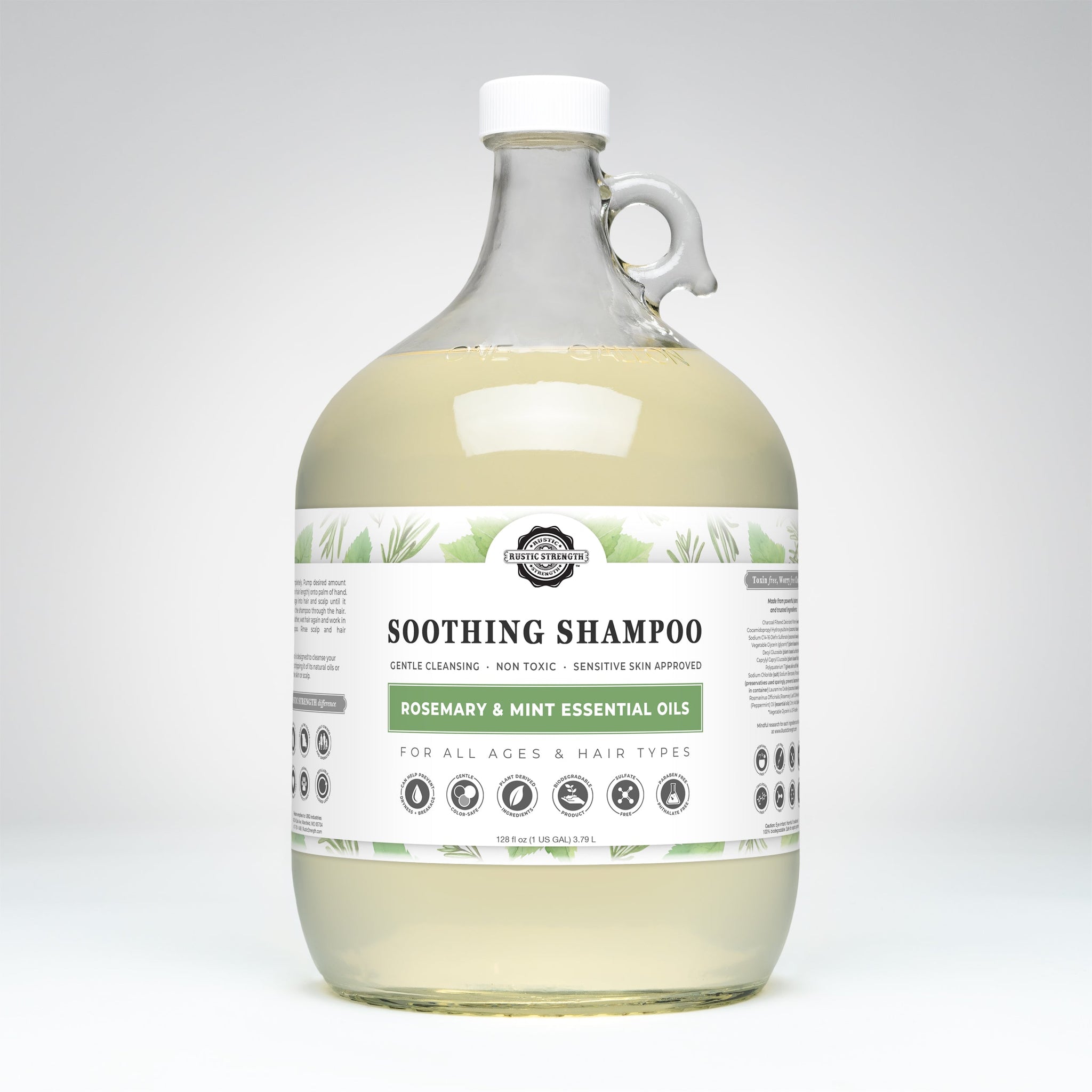 Rustic Strength sells its soothing, rosemary and mint essential oil shampoo in a large, one-gallon glass jug.