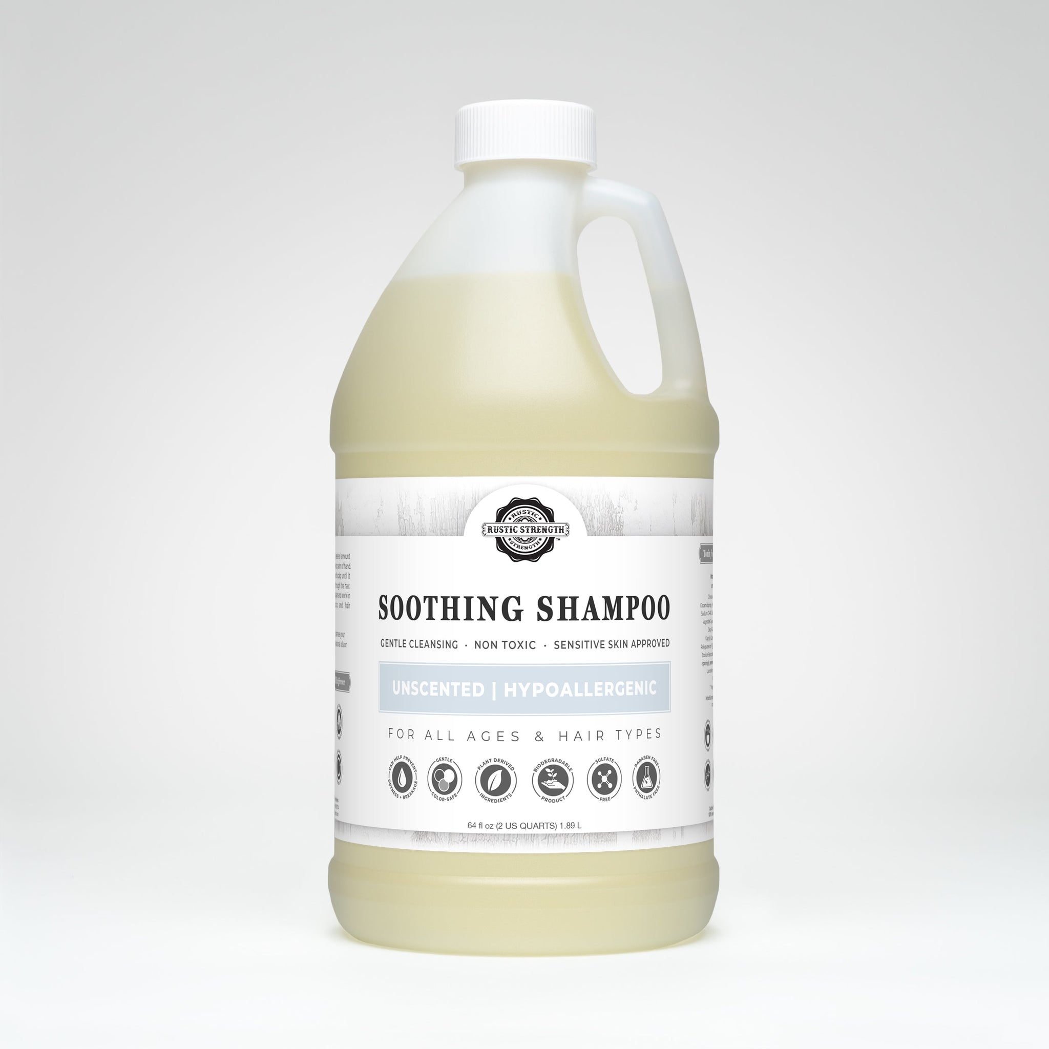 Rustic Strength's unscented, hypoallergenic soothing shampoo, designed for all ages and hair types, promises gentle cleansing for sensitive skin.