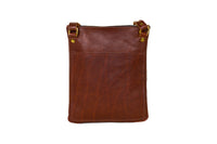 Showcases a stylish brown leather crossbody bag with gold hardware, perfect for everyday use.
