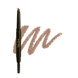 Taylor Made Organics brow pencil with spoolie lies beside a swatch of eyebrow makeup.
