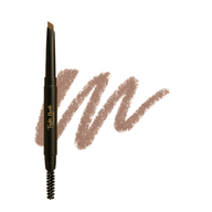 Taylor Made Organics brow pencil with spoolie lies beside a swatch of eyebrow makeup.
