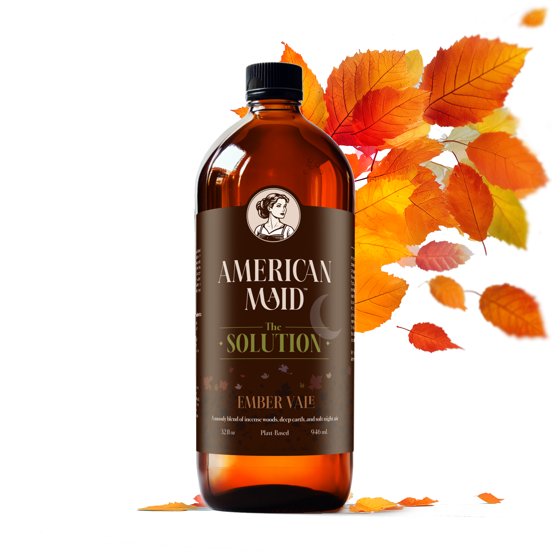 American Maid Ember Vale Solution displays in a glass bottle adorned with autumn leaves.
