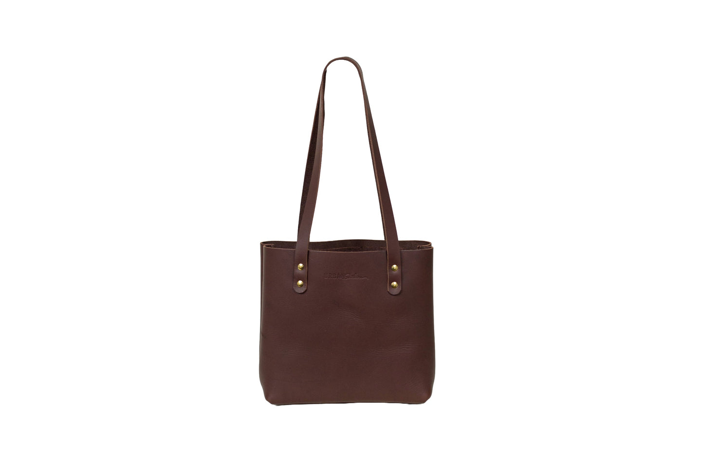 Displays a stylish brown leather tote bag with gold hardware.
