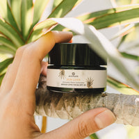 A hand displays Annmarie Sun Love everyday sheer sunscreen SPF 20 against a leafy plant backdrop.

