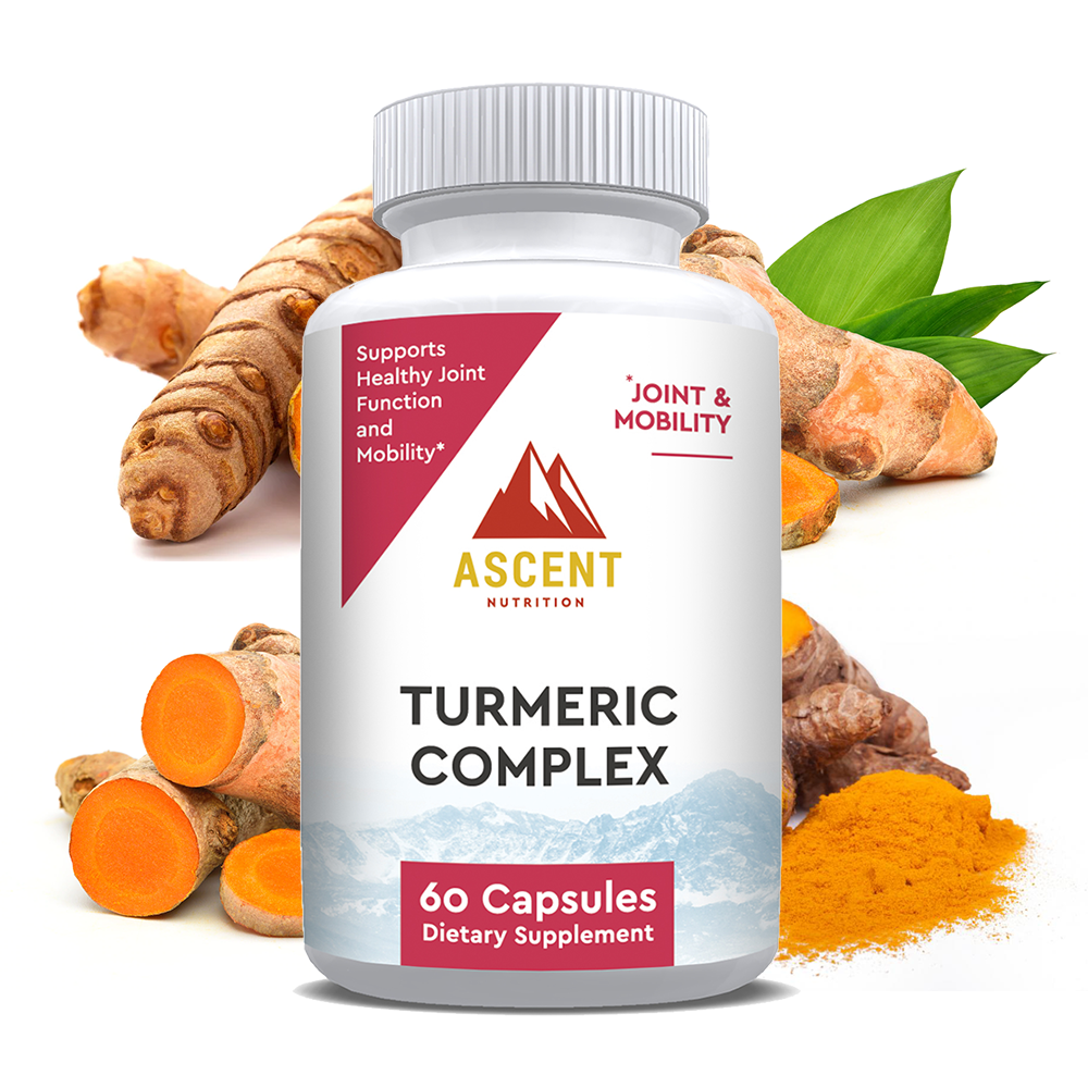 Ascent Nutrition showcases its Turmeric Complex capsules for healthy joint function and mobility alongside fresh turmeric roots and powder.
