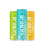 Three cans of Gorgie energy drink showcase sparkling citrus burst, tropical punch, and mango burst flavors.
