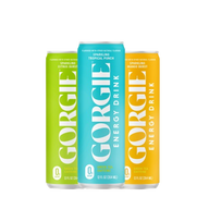 Three cans of Gorgie energy drink showcase sparkling citrus burst, tropical punch, and mango burst flavors.
