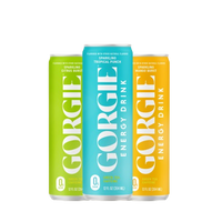 Three cans of Gorgie energy drink showcase sparkling citrus burst, tropical punch, and mango burst flavors.
