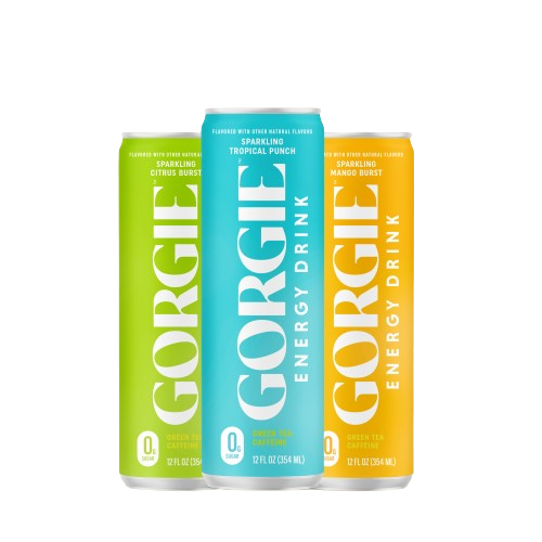 Three cans of Gorgie energy drink showcase sparkling citrus burst, tropical punch, and mango burst flavors.
