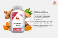 Showcases Ascent Nutrition's Turmeric Complex dietary supplement bottle surrounded by fresh turmeric root and powder, highlighting its benefits for joint health and inflammatory response.
