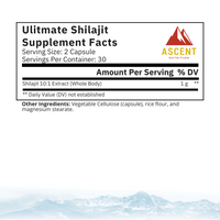 Ascent Nutrition presents the supplement facts label for their Ultimate Shilajit capsules, highlighting the 1-gram serving of shilajit extract.
