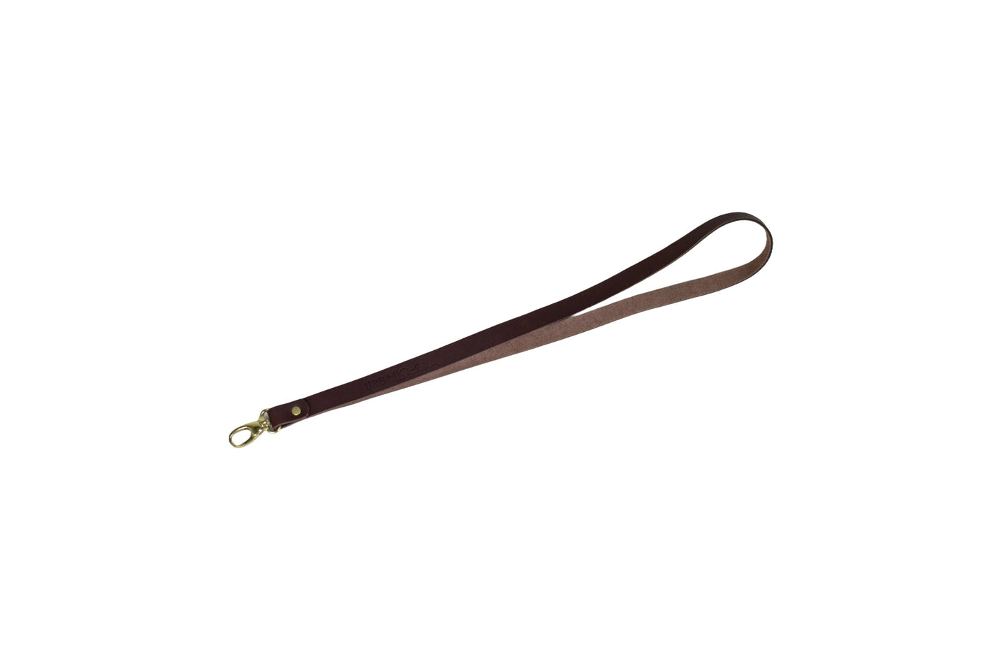 A brown leather wrist lanyard displays a gold-colored lobster claw clasp for attaching keys or other items.
