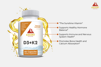 Ascent Nutrition promotes their D3+K2 dietary supplement, highlighting benefits like immune support and bone health, amid a splash of golden oil.

