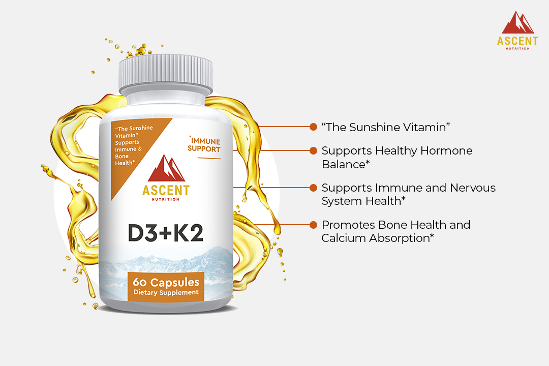 Ascent Nutrition promotes their D3+K2 dietary supplement, highlighting benefits like immune support and bone health, amid a splash of golden oil.
