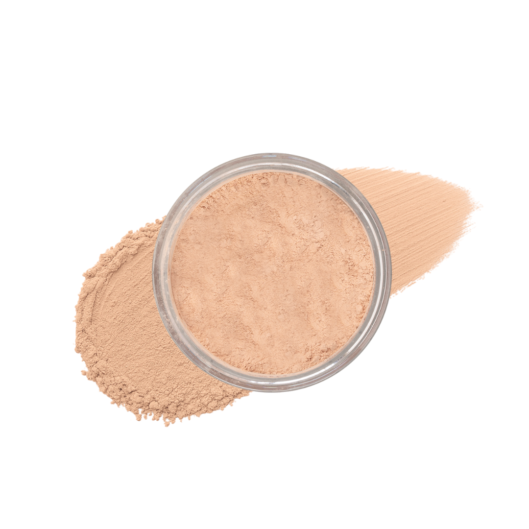 Top-down view shows loose setting powder in a container, alongside a swatch, on a white background.
