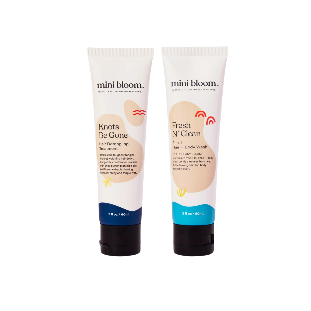 Two tubes of Mini Bloom hair and body products, "Knots Be Gone" detangler and "Fresh N' Clean" 2-in-1 wash, promise gentle, sulfate-free cleansing and detangling.
