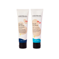 Two tubes of Mini Bloom hair and body products, "Knots Be Gone" detangler and "Fresh N' Clean" 2-in-1 wash, promise gentle, sulfate-free cleansing and detangling.
