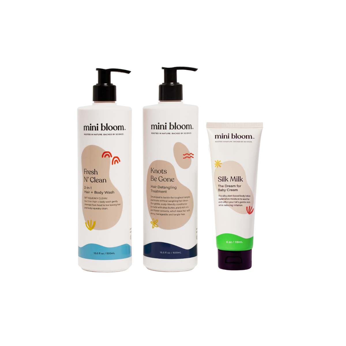 Mini Bloom offers a collection of natural baby care products including 2-in-1 hair and body wash, hair detangling treatment, and silk milk baby cream.
