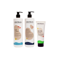 Mini Bloom offers a collection of natural baby care products including 2-in-1 hair and body wash, hair detangling treatment, and silk milk baby cream.

